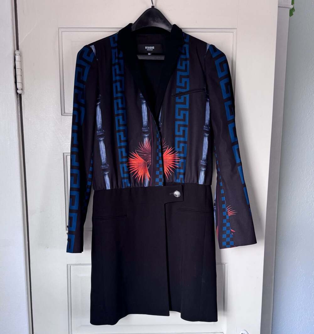 Versus Versace Blue and Black Greek Key Palm Tree Print Blazer Dress Size 38 2